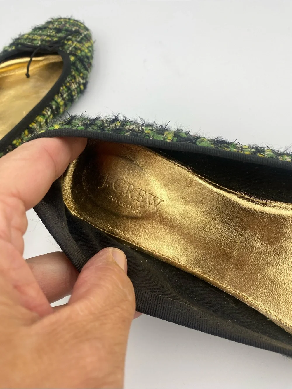 J. Crew Green Tweed Ballet Flats with Gold Insole